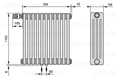 Схема (чертеж) Радиатор Zehnder Charleston 4110/11 №V007 Белый глянцевый RAL 9016